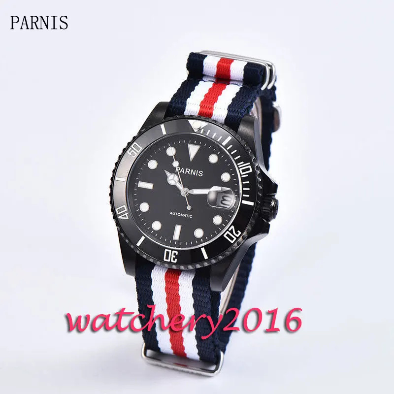 New 40mm Parnis black dial black PVD case ceramic bezel white numbers sapphire glass miyota Automatic