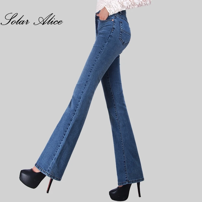 Акция, Женский Осенний звонок, низ, джинсы, короткие штаны, для офиса, для леди, средняя талия, длинные расклешенные брюки размера плюс 26-38
