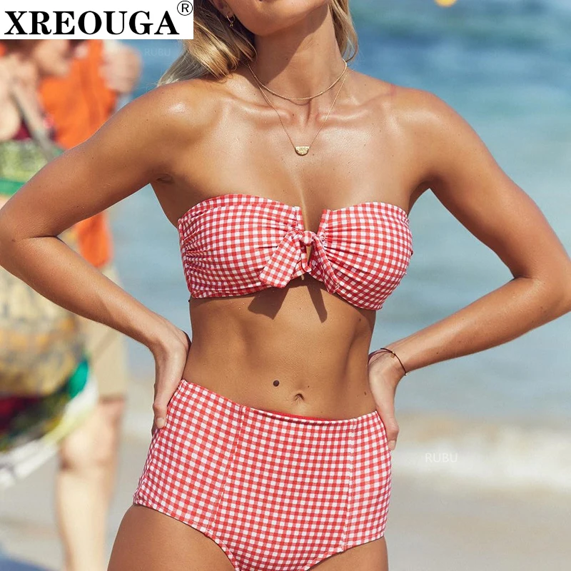 XREOUGA Knot bikinis 2019 mujer biquini Red Gingham swimsuit sexy swimwear women two-piece suits High Waist Bandeau beach wear