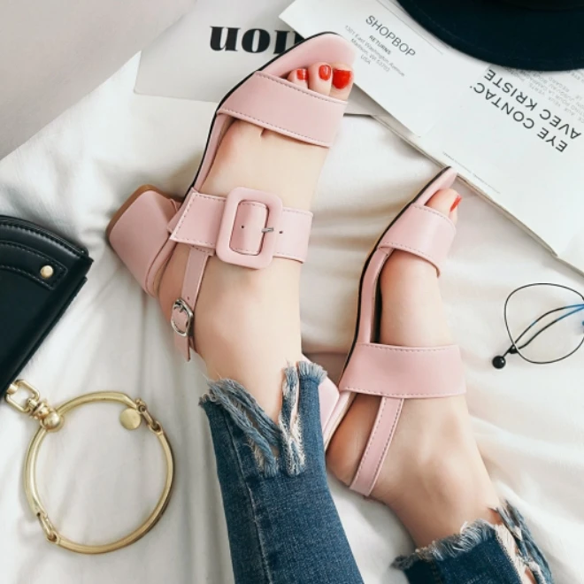Women Sandals Plus Size 34-43 New Fashion Square High Heel Office Lady Pumps Woman Shoes Summer Student Casual Sandal Blue Pink (12)