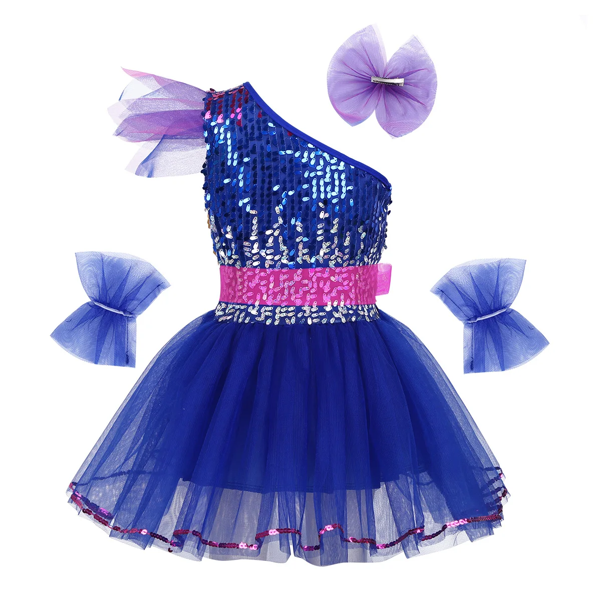 Детское платье-пачка с блестками для джазовых танцев; синий детский современный танцевальный костюм на одно плечо для девочек; уличное платье для сцены в стиле хип-хоп