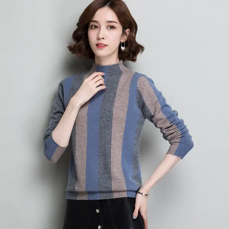 

2019 Spring Autumn Women Rainbow Striped Sweater Knitted Pullover Female Half Turtleneck Tricot Loose Knitwear Jumper K173