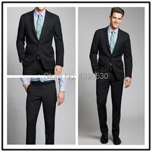 Одежда высшего качества шерсть изготовление под заказ сплошной черный Нотч Двойной Vent две кнопки комплект из двух предметов деловые костюмы мужчин секси