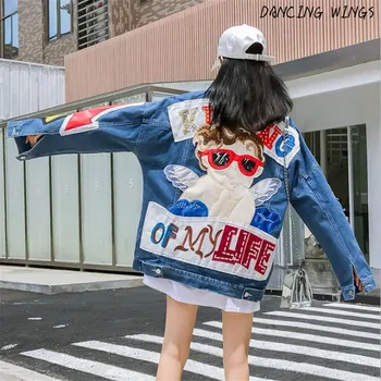 

Brand Women Basic Coats Spring Autumn Cartoon Pattern Embroidery Long Sleeve Coat Outerwear Denim Jacket for Women