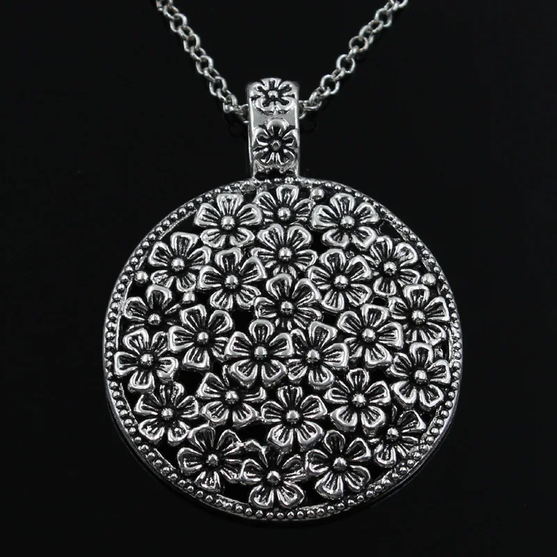 Silver Necklace New Fashion Flower Covered Disc Pendants Round Cross Chain Short Long Mens Womens Silver Color Necklace Jewelry Gift