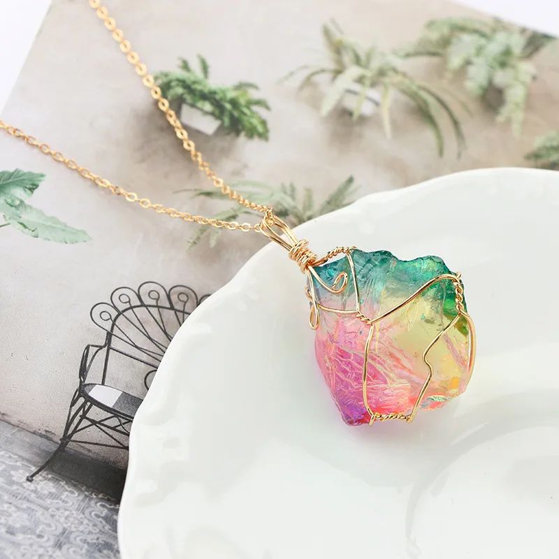 Colorful Striped Fluorite Quartz Crystal Stone Crystal Natural Fluorite Stone Pendants Necklace Hanging Decor Home Decoration