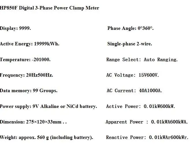 Измерители мощности HP-850F Интеллектуальный Цифровой трехфазный зажим питания Таблица данных интерфейс USB Зажим Тип питания измерительный прибор