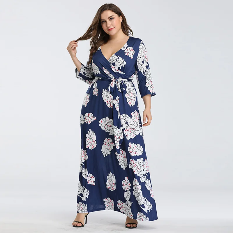 

Summer Large Size Women's Seven-point Sleeve 2019new Fashion Sexy Deep V Print Big Swing Waist Maxi Dress Kleider Damen Trendyol