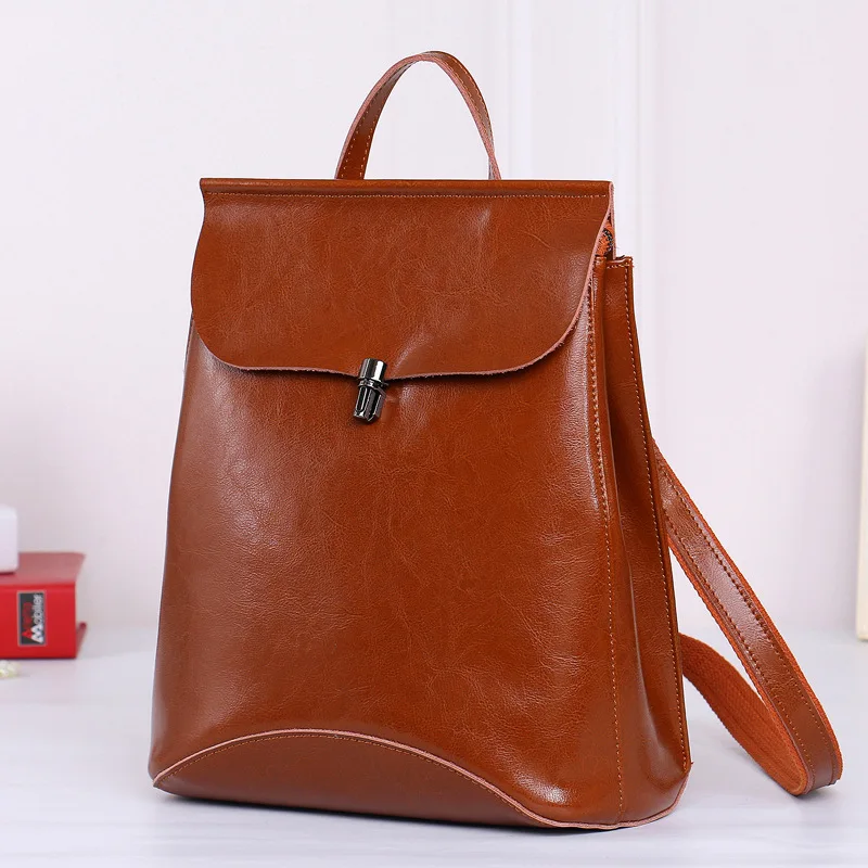 

ZKW Brief Hardware Lockbutton Genuine Leather Backpack Genuine Leather Fashion Wax Cowhide Women's Multifunctional