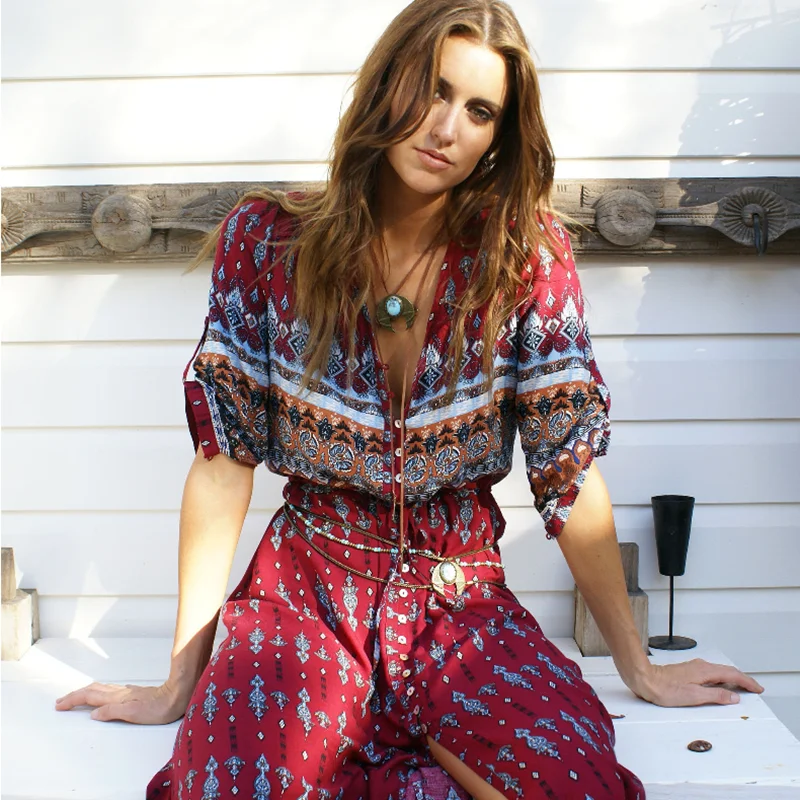 

2019 new women's bohemian printed beach dress V-Neck Summer Print