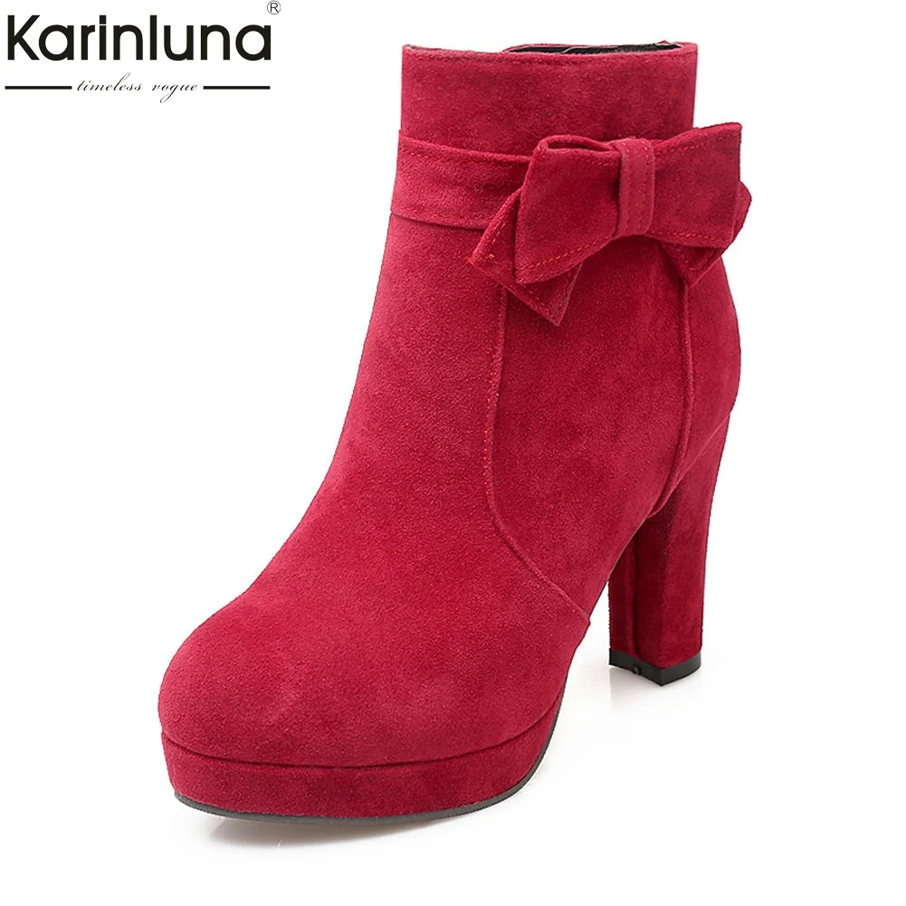 

Karinluna fashion Dropship Large Size 34-43 Sweet Bowtie Shoes Woman Boots Chunky High Heels Zip Up Platform Ankle Boots Woman