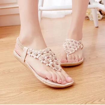 

2019 Summer Sandals Women Shoes Bohemian Thong Flats Shoes Woman Sandals Flower Casual Beach Sandals Size 35-39 White Apricot