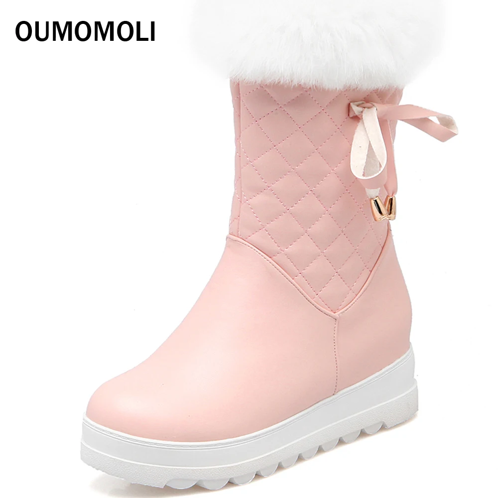 

New winter flat round calf leather middle waist bow plus velvet warm plush white black pink snow boots A551