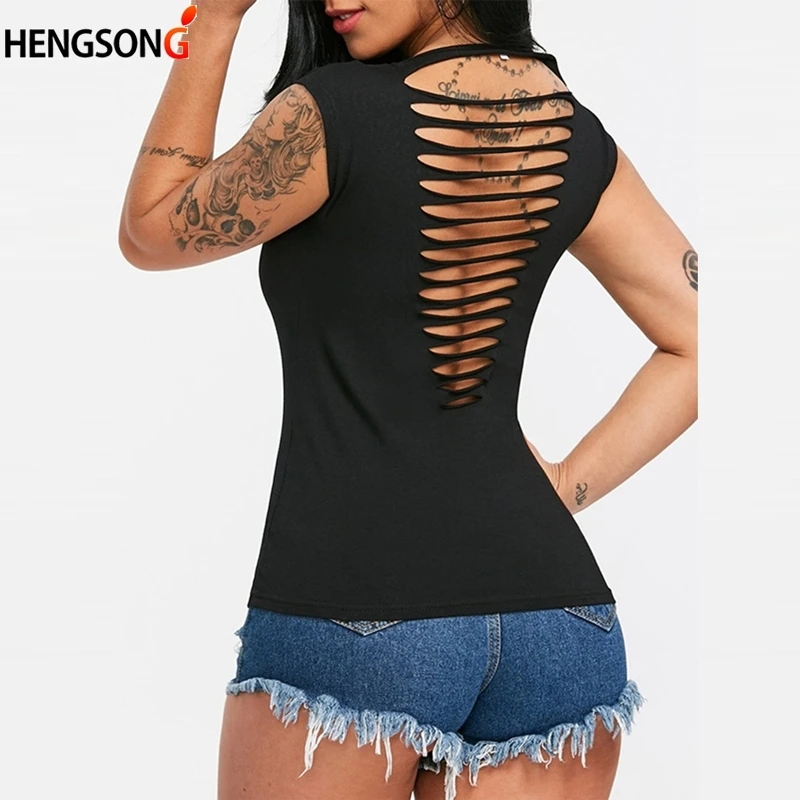 Summer hole casual women tank tops solid v neck Backless black Top