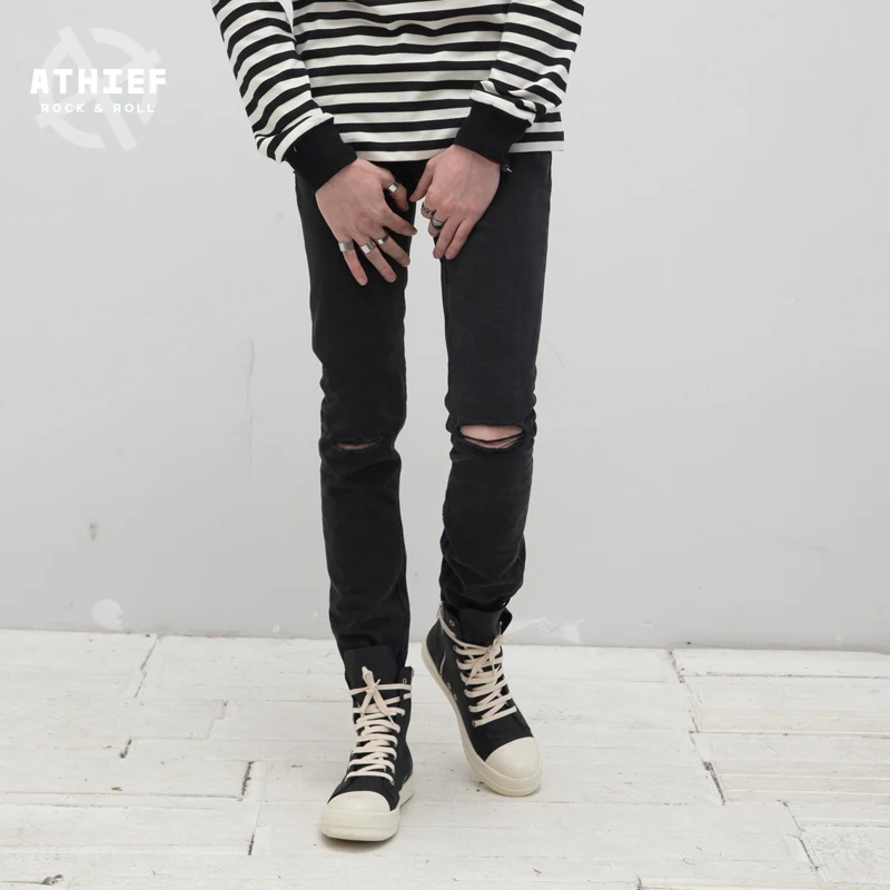 Athief hole black jeans man slim trousers do the old zipper feet tide brandjeans men slimbrand