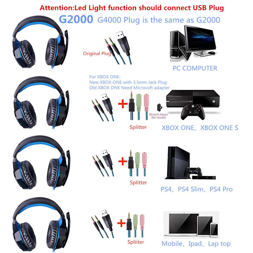 G2000 G9000 Gaming Headsets Big Headphones with Light Mic Stereo Earphones Deep Bass for PC Computer Gamer Laptop PS4 New X-BOX