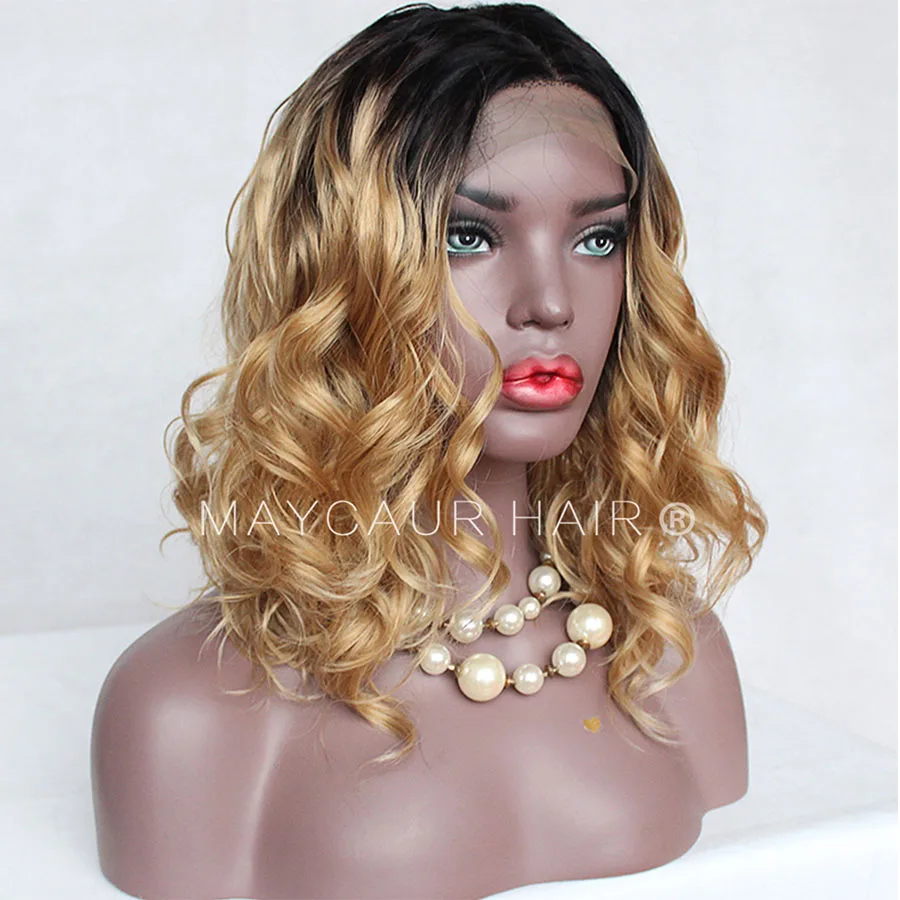 Maycaur Natural Wavy Glueless Synthetic Lace Front Wigs Short Bob Black Blonde Brown Color Lace Wig Natural Hair for Women