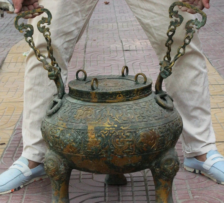 

17" Ancient China Palace Bronze Gilt JiXiang Dragon Statue Incense Burner Censer