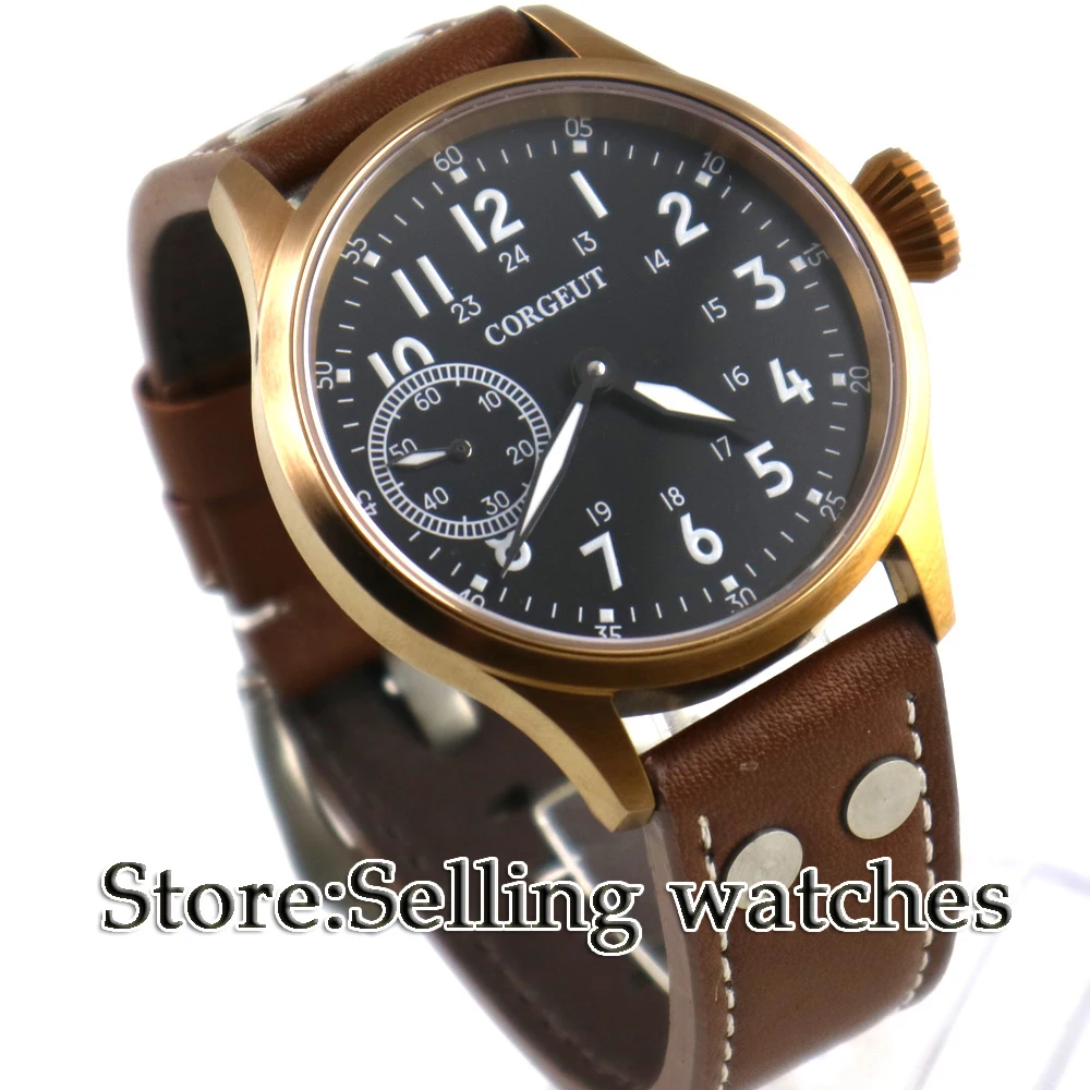 

43mm Corgeut Black Dial Sapphire Glass Bronze plated Case Luminous Hand Fashion 17 Jewels 6497 Hands winding movement mens Watch