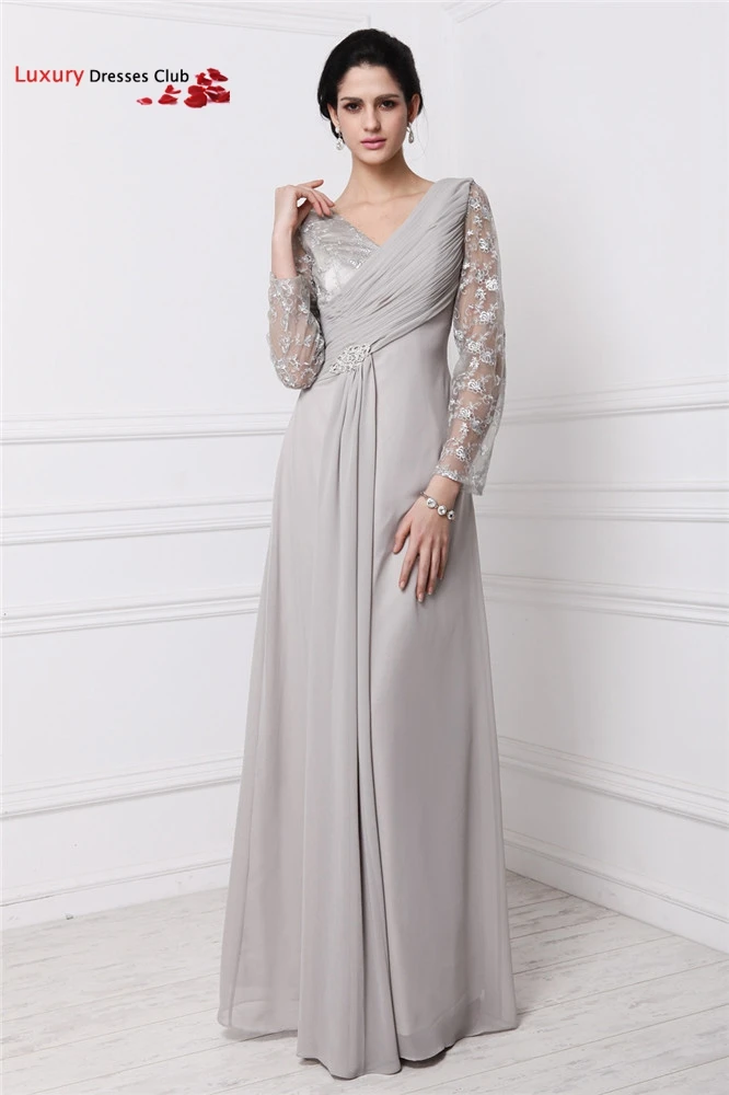 Silver Lace Long Sleeve Plus Size Mother of the Bride Dresses 2015