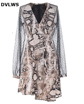 

2019 Fashion Summer Women Dress Polyester Snake Skin Lace connected Soft Dress of Women High Quality