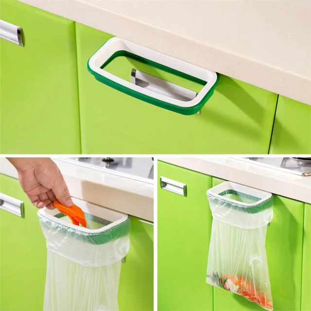 Best Price Plastic Hanging Kitchen Cabinet Door Trash Rack Plastic Board Stuck Garbage Bag Support Frame Holder Convenient Bags Shelf sale