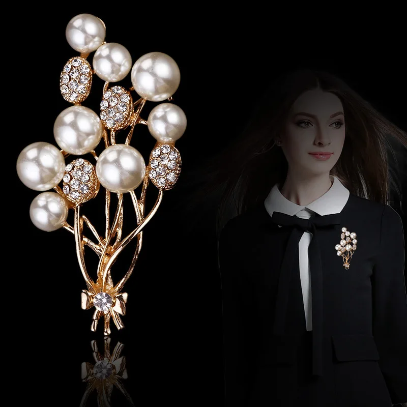 Free Shipping 3pcs 64*33MM Gold Tone Fashion Pearl Brooches Alloy Metal Rhinestone Floral Jewelry Ornament Breastpin for Women | Украшения