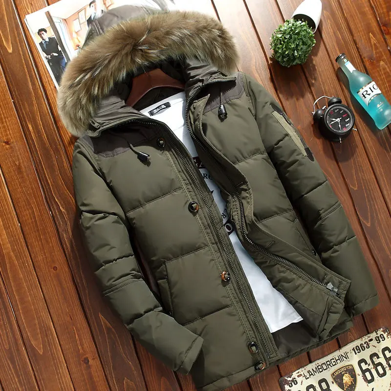 

Winter Men's Thick Hooded Down Jacket Casual Mens Solid Color White Duck Down Coat with Fur Collar Male Warm Zipper Outwear Top