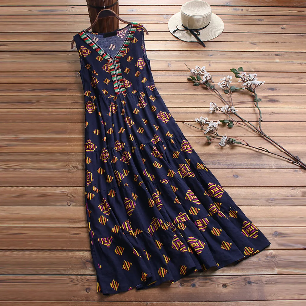 

New Ladies Print V-neck Stitching Sleeveless Dress Long Fashion Slim Summer Dress Girl Comfortable Summer Dresses Casual