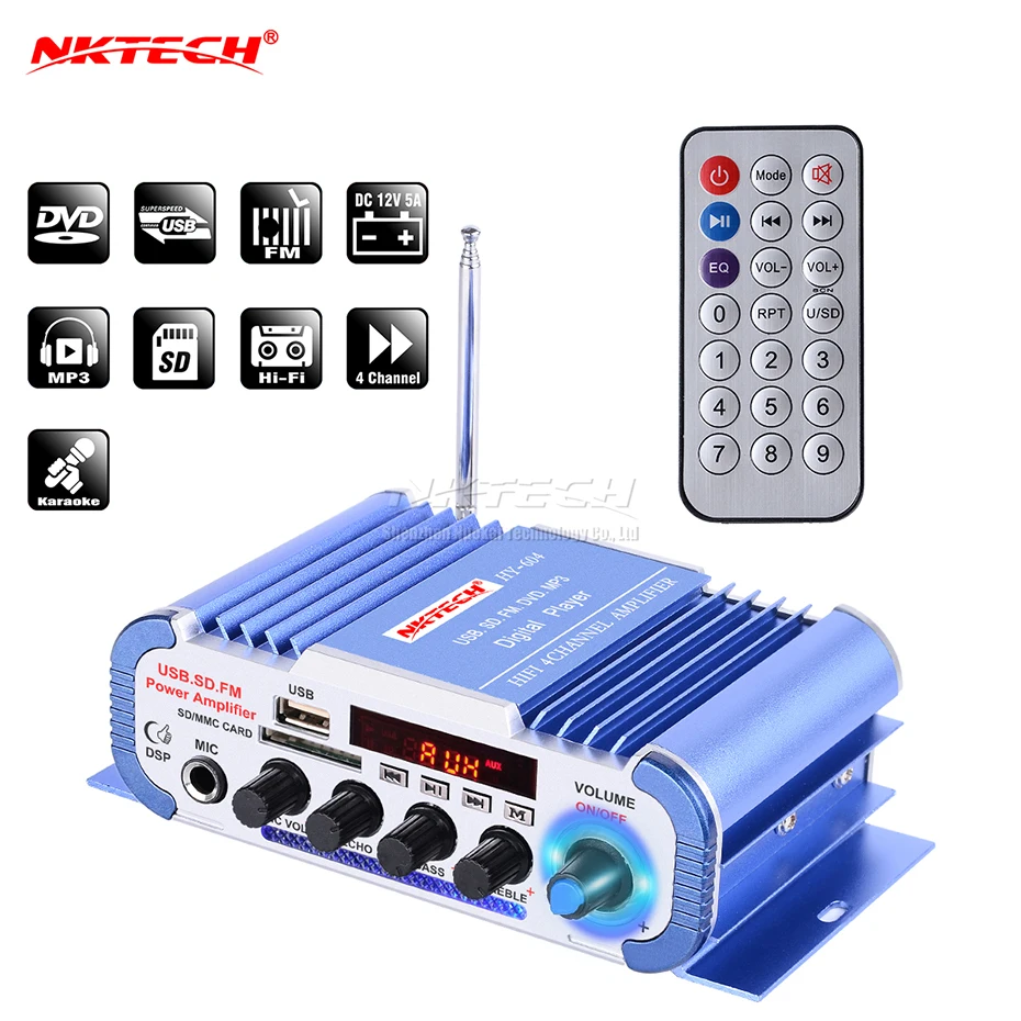 Nktech Hy 604 سيارة الصوت عالية الطاقة مضخم رقمي 4ch X 45 واط