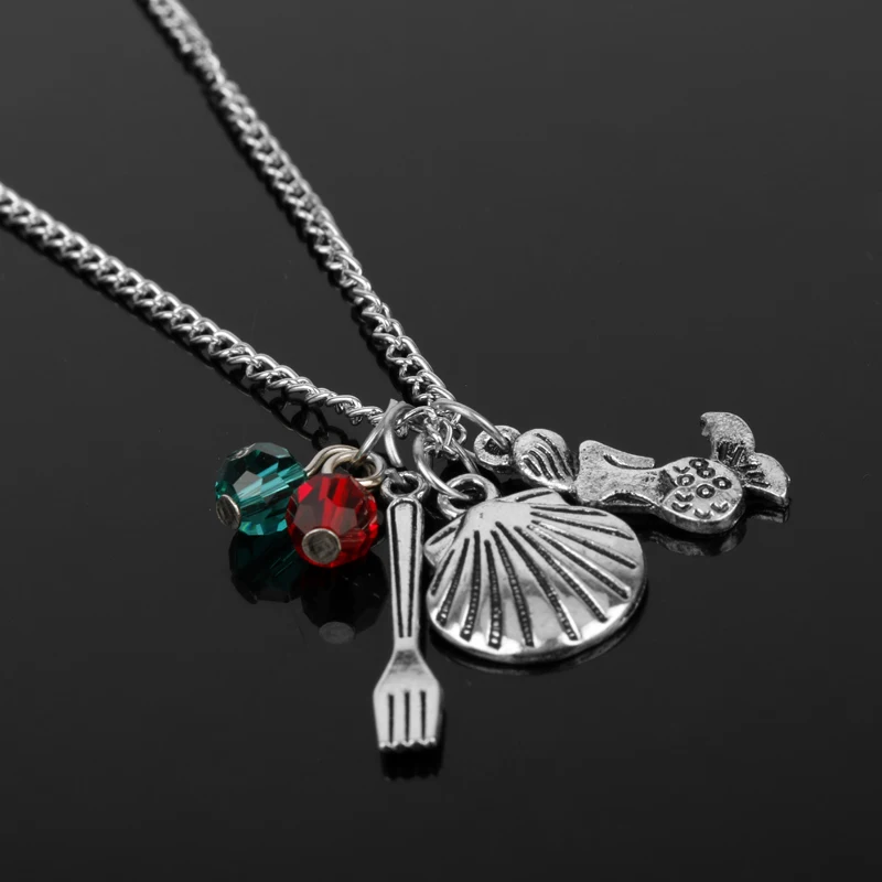 

dongsheng Cartoon Anime Jewelry Little Mermaid Charm Necklace With Mermaid Shell Fork Ariel Crystal Beads Pendant Necklace Gifts