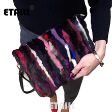 Winter Bunte Nerz + Leder Tag Kupplung Frauen Patchwork Umhängetaschen mit Chian Regenbogen Streifen Umschlag Partei Abendtasche