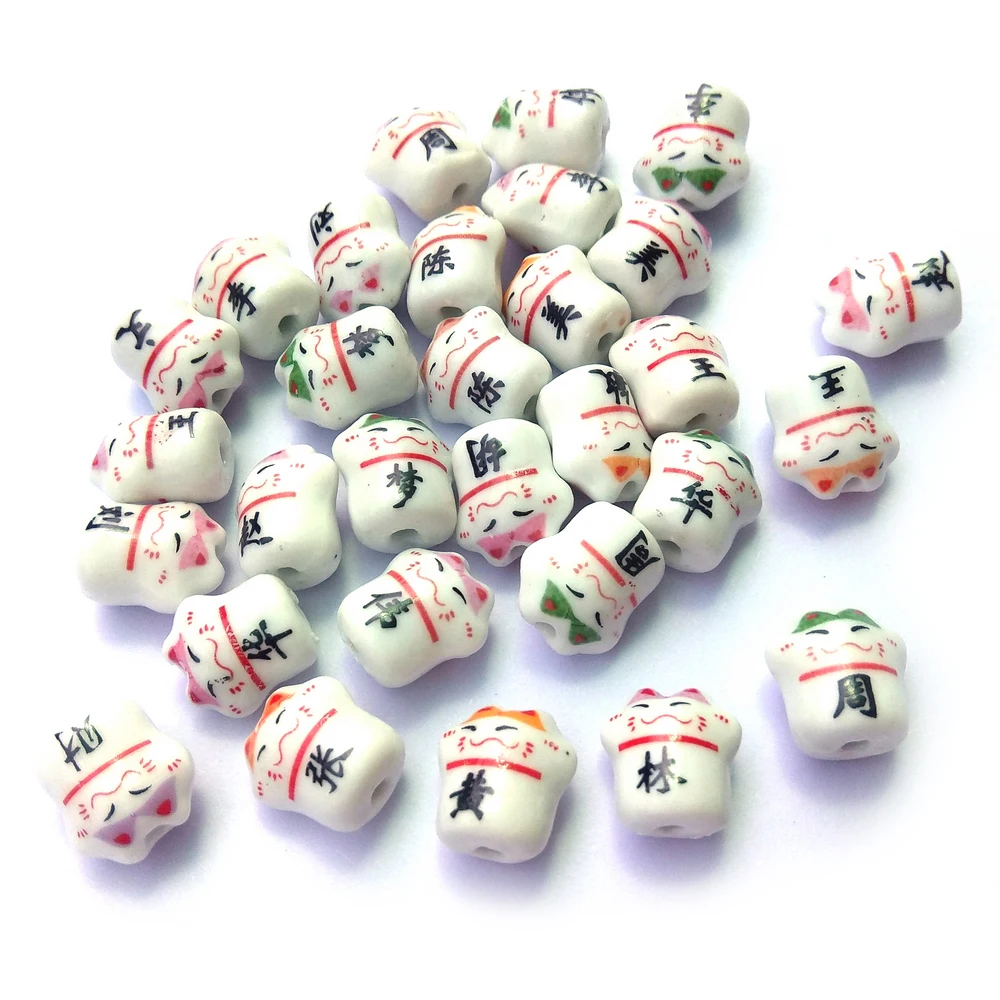 50 шт./лот, керамические подвески в форме кошки, амулеты с китайскими персонажами