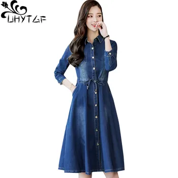 

UHYTGF Women autumn dresses fashion single-breasted casual Women denim dress Lace-up Plus size bandage dress vestidos mujer 444