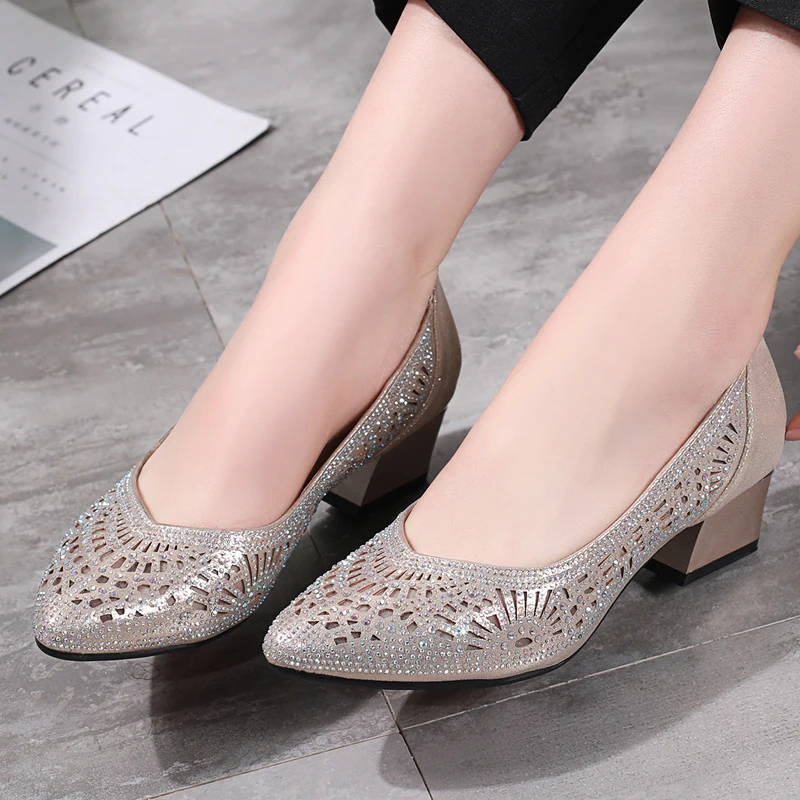 Women Pumps Shoes Summer Fashion Cut-outs Crystal Casual High Heels Genuine Leather