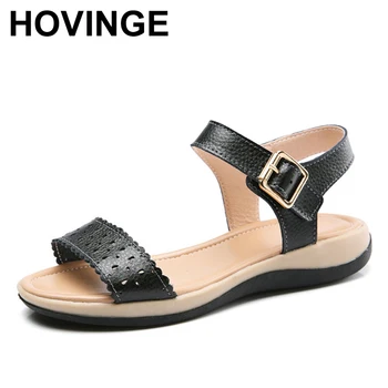 

HOVINGE Women sandals summer genuine leather flat sandals cutout ankle strap flat sandals female white gladiator sandals