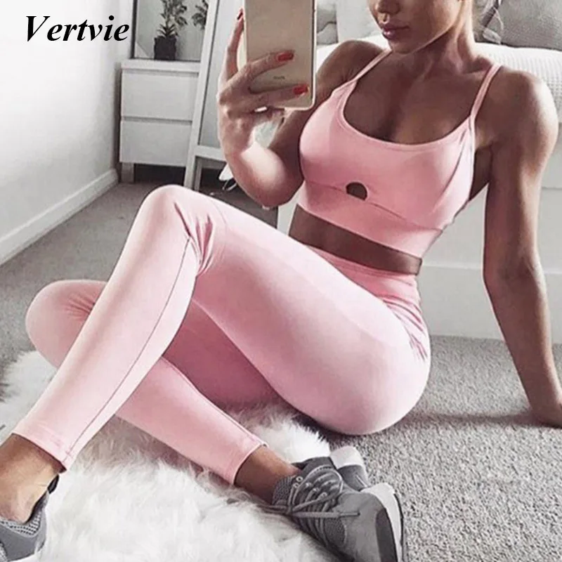 

Vertvie Brand 2018 Sexy Hollow Women's Tracksuit Pink Solid Sport Sets Push Up Yoga Bra Vest +Pants Leggings Workout Sportwear
