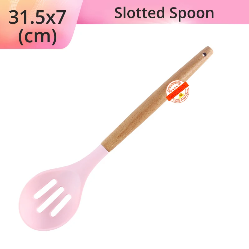 Силиконовая кухонная утварь, кухонная утварь, акация деревянный кухонный инструмент для антипригарной посуды-лучшие Кухонные гаджеты - Цвет: Pink-Slotted Spoon