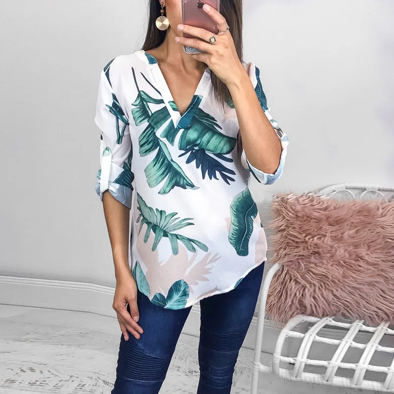 

Lossky Women Casual Print Floral Leaves Blouse Fashion Shirts Loose V Neck Ladies Blouses 2018 Casual Boho Female Blusa Top&Tees