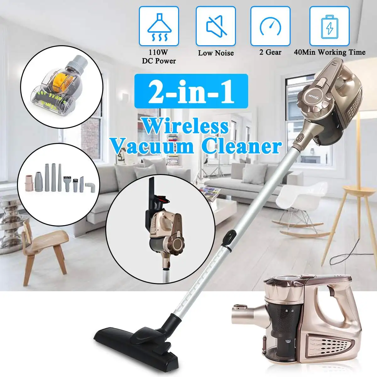 

Portable 2 In 1 Silent Handheld Wireless Vacuum Cleaner Cyclone Filter Strong Suction Dust Mite Controller with 9 X Brush Head