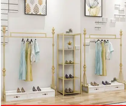 Clothing store display rack floor type women's clothing store European shelf hanging rack display clothes rack gold.