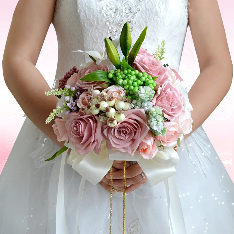 Розовая ленточная роза букет Искусственный Свадебный De Mariage свадебные цветы