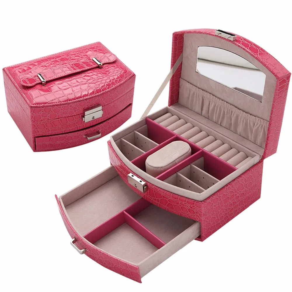 

High-Grade Leather Double-layer Leather Jewelry Watch Box Case with Draw Lady's Mirror Bracelet Rings Cosmetic Collection Case