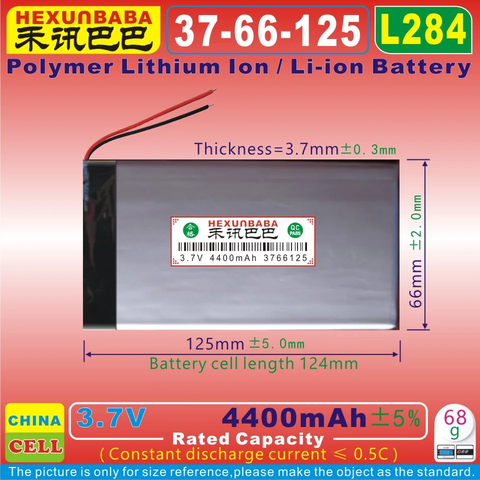 

[L284] 3.7V 4400mAh [3766125] Polymer lithium ion / Li-ion battery for Digital photo frame,power bank;MP5,tablet pc,E-BOOK