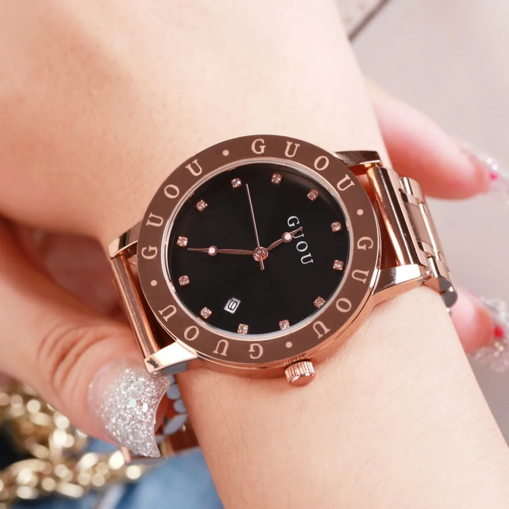 

Fashion Womens Watches GUOU Top Luxury Brand For Ladies Golden Quartz Clock Dress Wristwatches 2017 Hot relogio feminino
