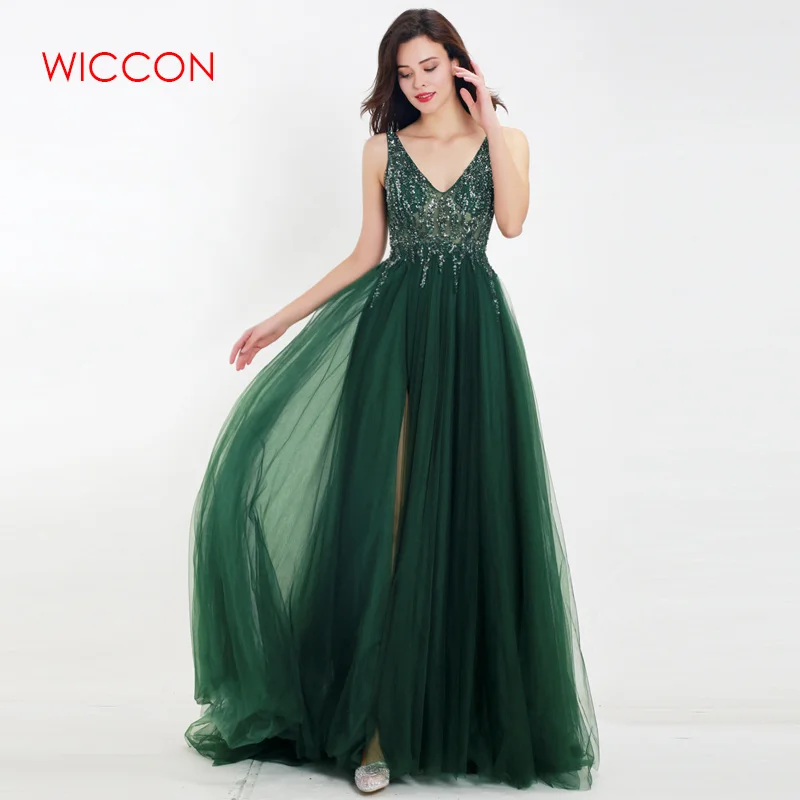 

2019 Women Elegant Dress Sexy Light Tulle Beading V-Neck Sleeveless Elegant A-Line Long Evening Party Women Dress