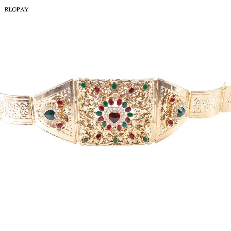 

Fashion Gold Metal Waist Chain with Rhinestones Love Heart Design Moroccan Wedding Belt Crystal Waist Band for Women