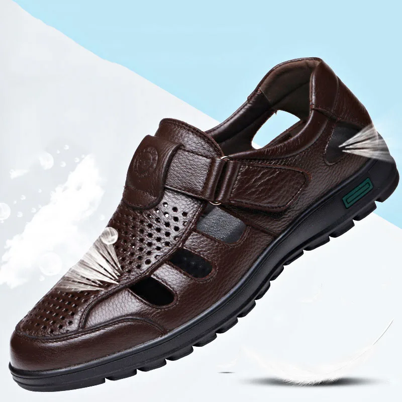 

Famous brand breathable wear-resistant Velcro men's shoes spring and summer leather hollow leather shoes men's casual sandals
