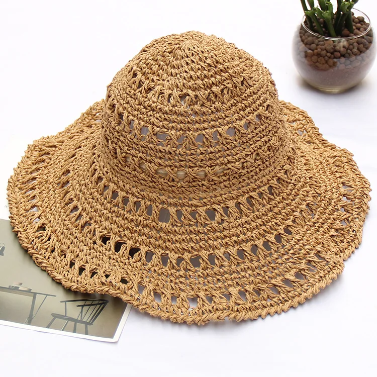 

MIARA.L Foldable all-purpose solid color hand-crochet straw hat for women summer beach holiday sun hat outdoor hollow-out
