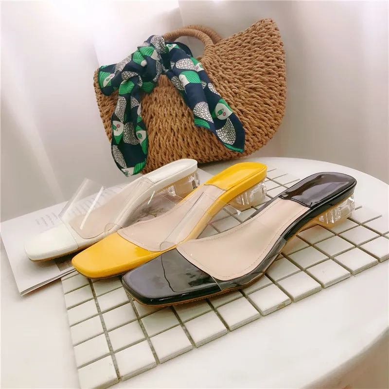 

Woman shoes crystal low heels slippers luxury PVC Transparent Slides summer Sandals for women zapatos mujer black white yellow
